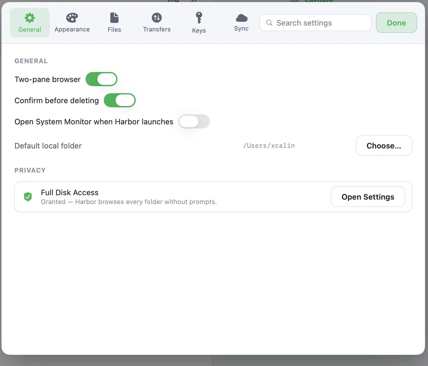 Harbor's General settings: Two-pane browser and Confirm before deleting toggled on, a default local folder, and a Privacy panel confirming Full Disk Access is granted.