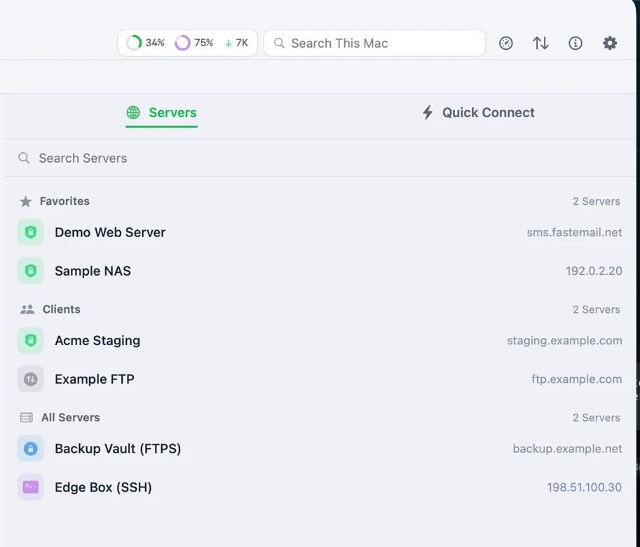 Harbor's Servers panel grouped into Favorites, Clients, and All Servers, with SFTP, FTP, FTPS, and SSH connections listed alongside a Quick Connect option.