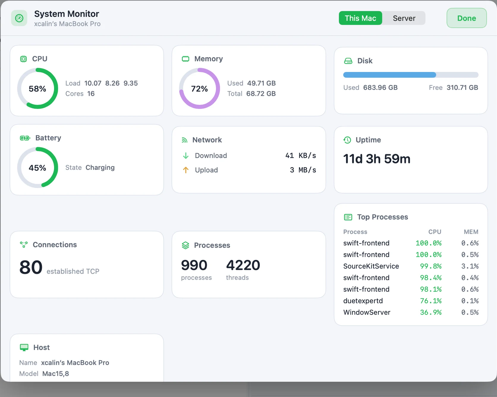 Harbor's System Monitor window showing CPU load and core count, memory used, disk usage, battery state, network throughput, uptime, established connections, process/thread counts, and a live top-processes list.