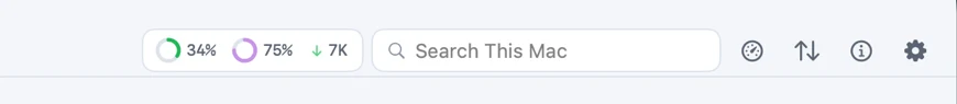 Harbor's toolbar showing live CPU and memory rings and a network throughput reading next to the search field.